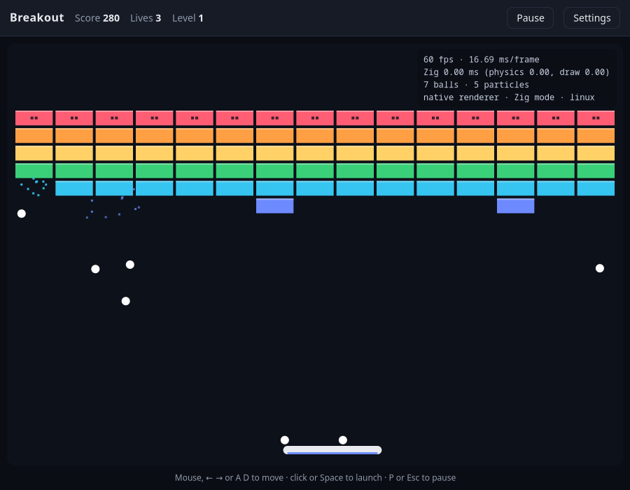 Breakout in the native renderer on Linux, Zig mode: bricks, balls and the stats overlay