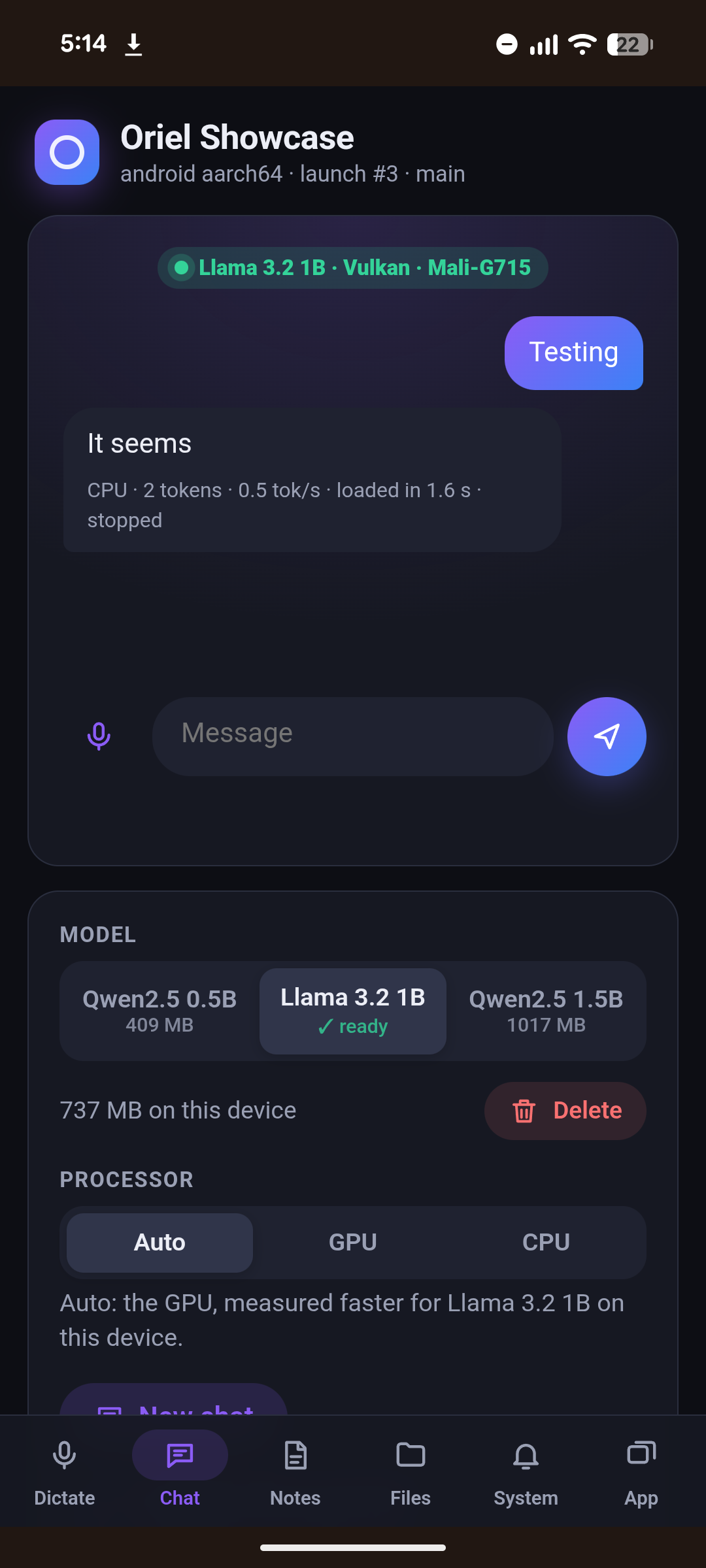 The showcase's Chat tab on a Pixel: Llama 3.2 1B on Vulkan, streamed tokens, models and CPU/GPU choice