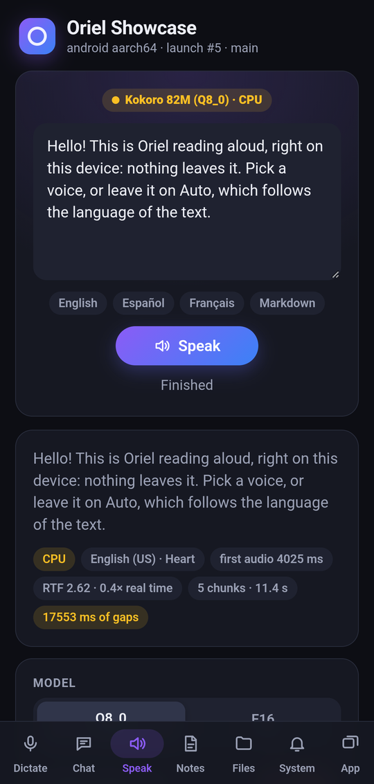 The showcase's Speak tab on a Poco X3: Kokoro 82M reading aloud on the CPU, with first-audio time, real-time factor and gaps