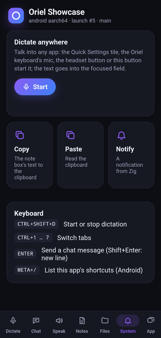 The showcase's System tab: dictate anywhere, clipboard, notifications and keyboard shortcuts